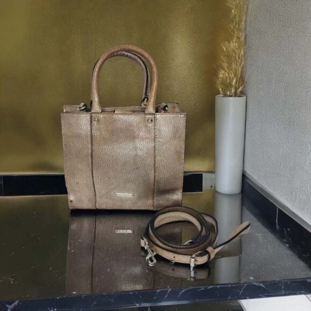 Rebecca Minkoff Metallic Gold Leather Crossbody Bag Small Shoulder Tote Bag Good